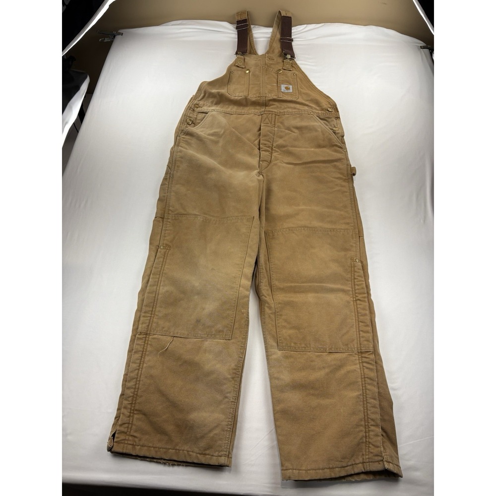 VTG Carhartt Khaki Overalls Double Knee Lined Carpenter Bibs Men's 40x30 USA